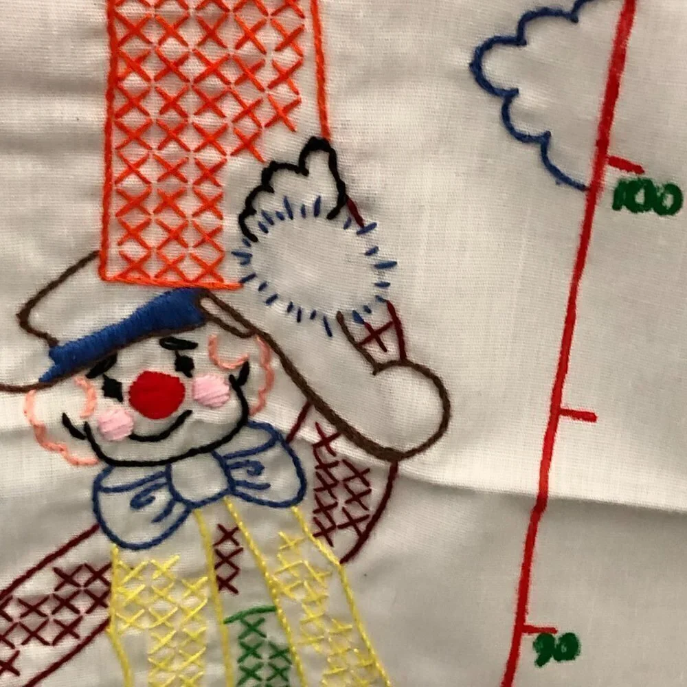 Vintage Hand-Crafted Embroidered & Cross Stitch Height Chart - Clown & Balloons